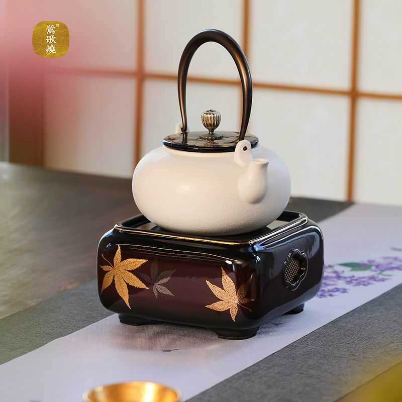 莺歌烧四方金枫叶大漆红釉陶瓷煮茶炉 静音养生电陶炉煮茶专用
