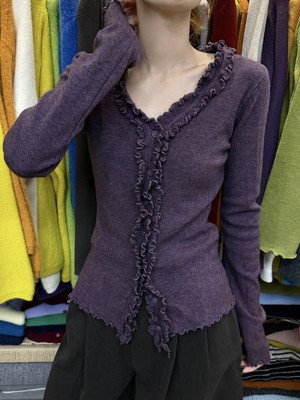 2025实拍秋冬木耳边新款修身显瘦V领针织开衫女百搭毛衣外套上衣