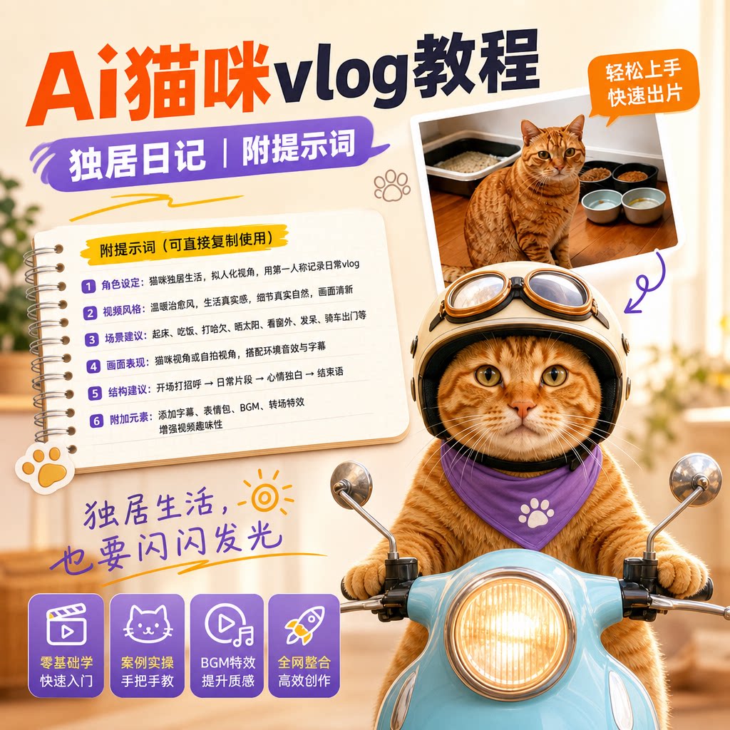 AI生成视频猫咪vlog教程独居日记附提示词短视频制作全套实操资料