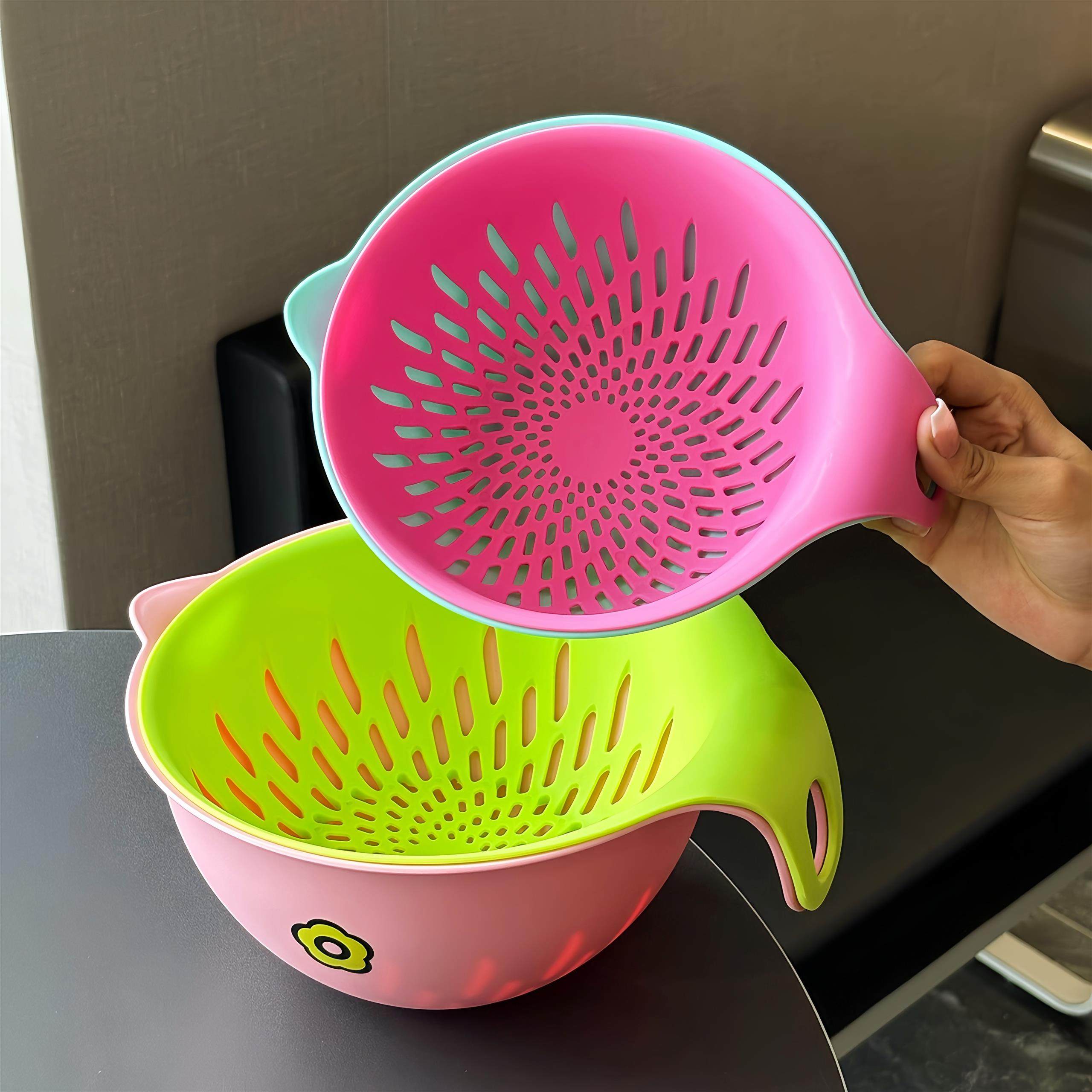 日本の撞色沥水篮圆形带手柄设计感双层厨房洗水果备菜洗菜篮