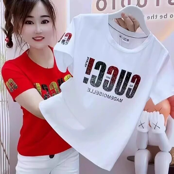 2026夏季爆款欧货烫钻字母纯棉短袖T恤女时尚减龄修身圆领打底衫