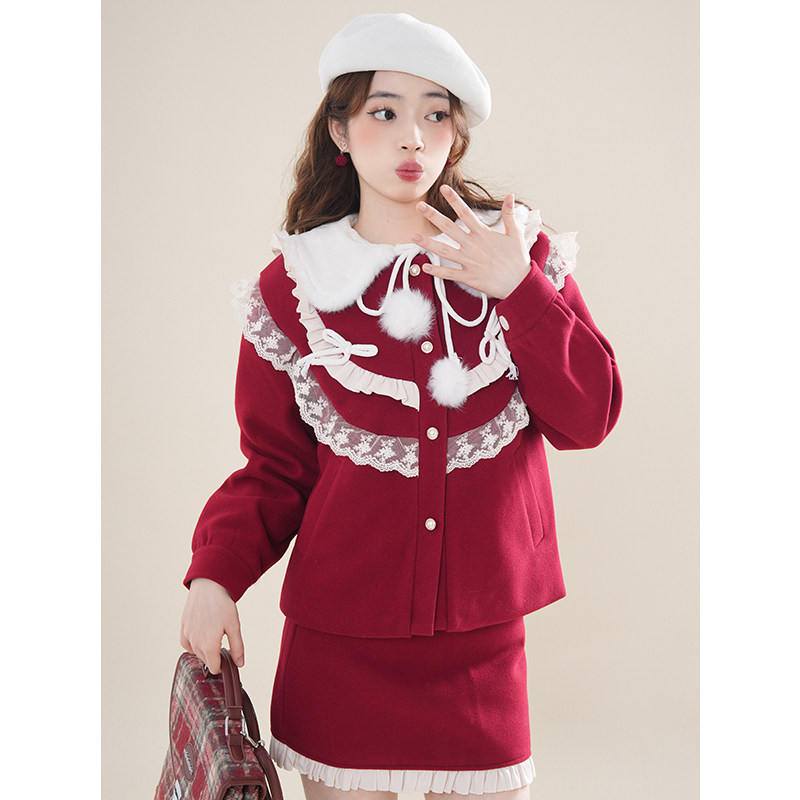 冬季新款红丝绒蛋糕新年战袍毛呢套装女短款上衣半身裙两件套,女装/女士精品,时尚套装,淘宝优惠券,粉丝福利购,淘宝优惠卷