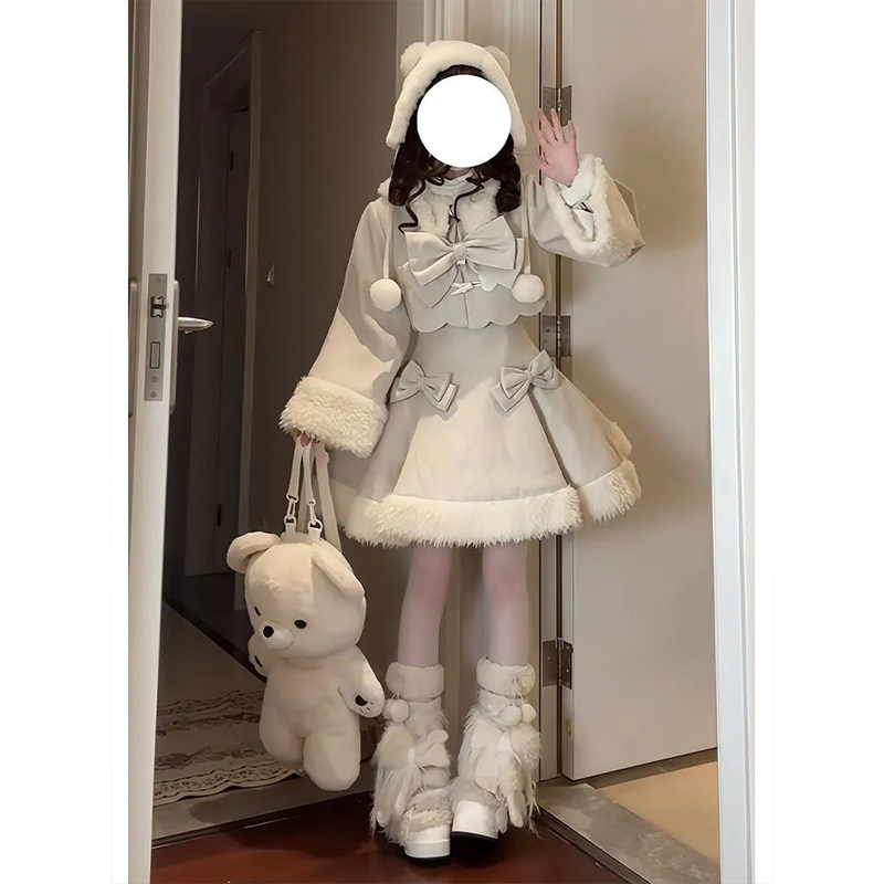 优雅少女感lolita套装裙女秋冬小个子蝴蝶结外套收腰连衣裙两件套