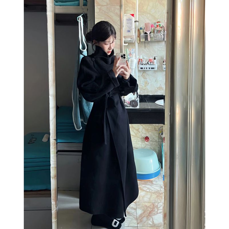 经典黑色复古炸街飒气立领绑带毛呢大衣女冬季2025年新款韩系外套