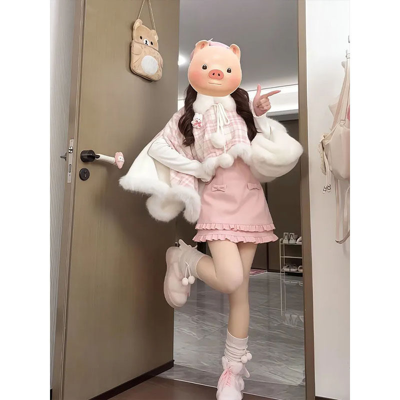 秋冬氛围感小个子甜美套装女粉色格纹斗篷内搭上衣花边短裙三件套
