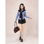 早秋韩系学院风设计感修身 格子长袖 衬衫 降落窗口 裙裤 披肩三件套