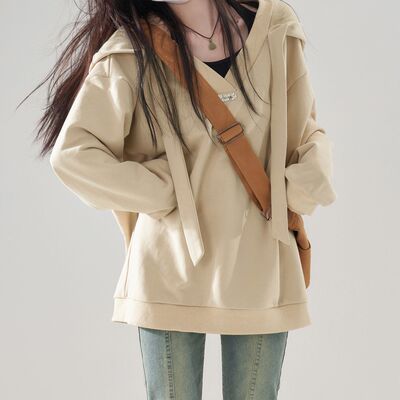 法式美拉德撞色假两件拼接卫衣女宽松设计感慵懒风高级感遮肚上衣