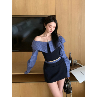 一字肩条纹拼接收腰衬衫 新款 上衣a字短裙裙两件套女 秋装 蓝调时刻