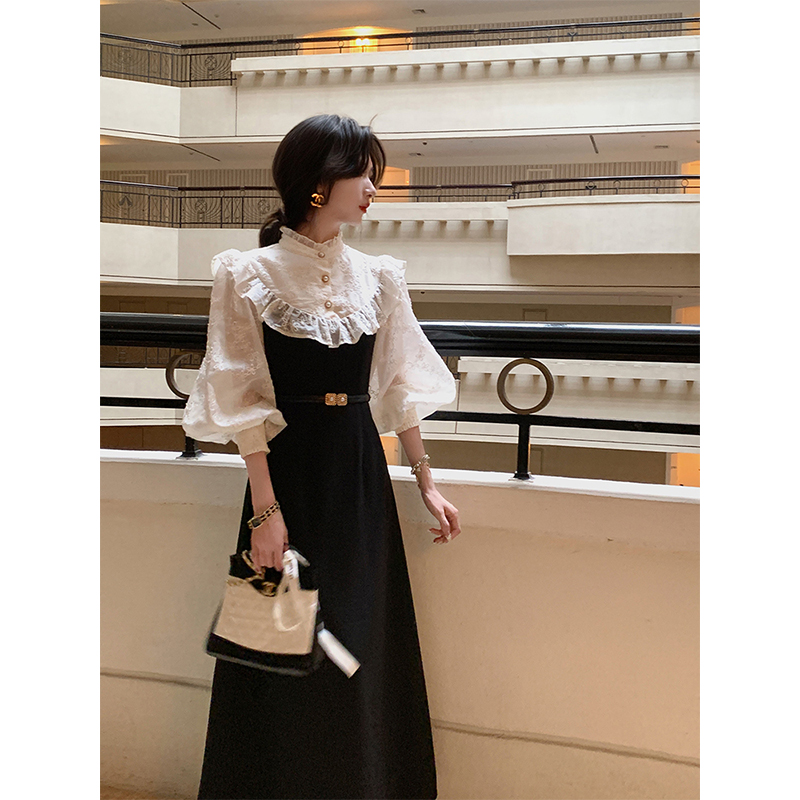 复古风黑白拼接蕾丝长袖连衣裙