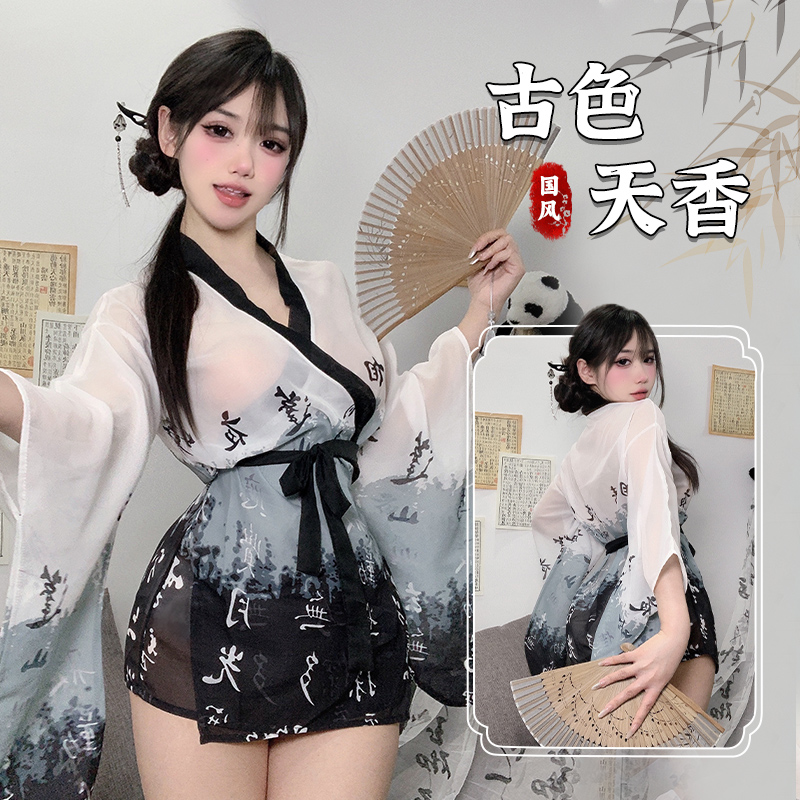 性感古风书法水墨睡袍制服套装
