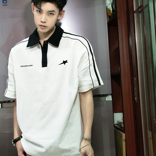 情侣短袖 FOMK国潮美式 宽松大码 vibe拼色拉链翻领POLO衫 t恤 男夏季