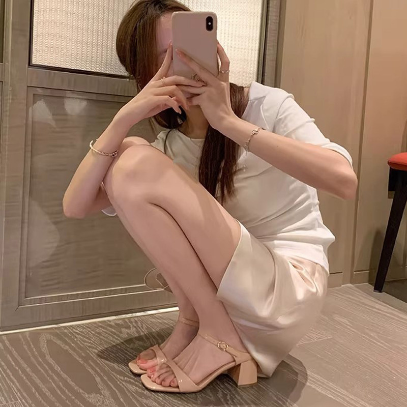 羊皮版~绝美配裙子鱼嘴不累脚一字带凉鞋6.5cm粗跟方头高跟拖鞋女