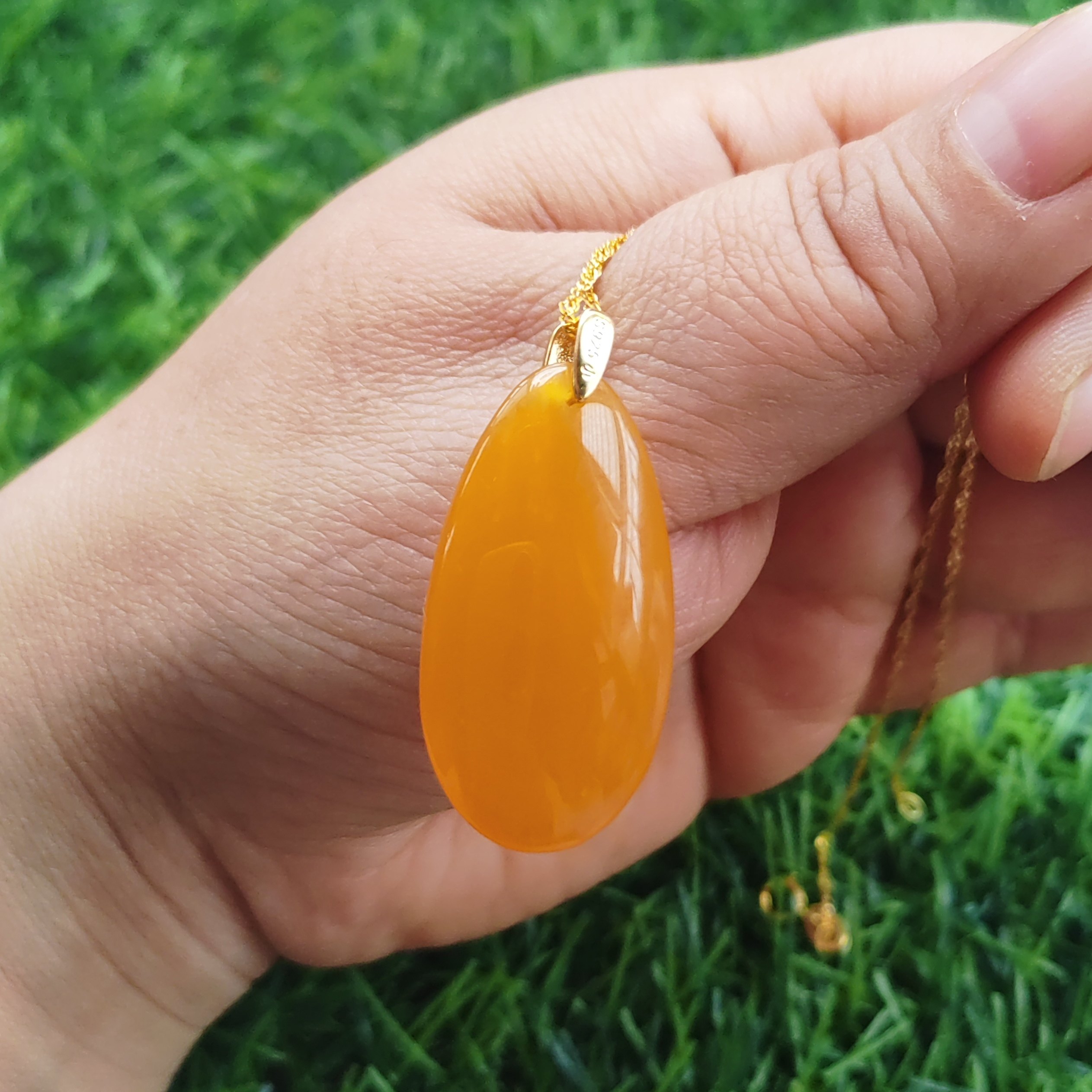 水生财金黄玉石水滴银链银扣子纯天然玉石官方正品黄龙玉35*18*9
