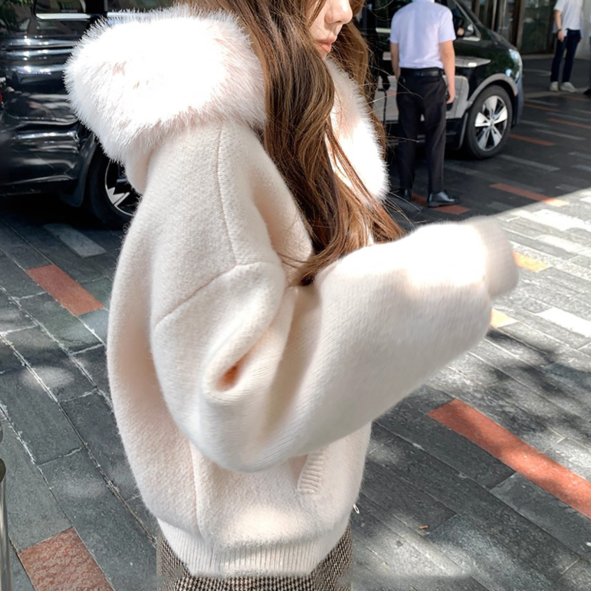 【暖绒云境】大毛领连帽毛衣开衫外套女秋针织衫上衣