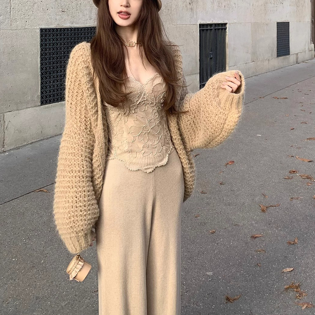 托斯卡纳的秋 温暖羊毛 重磅手钩感粗针大开衫秋冬毛衣针织外套女