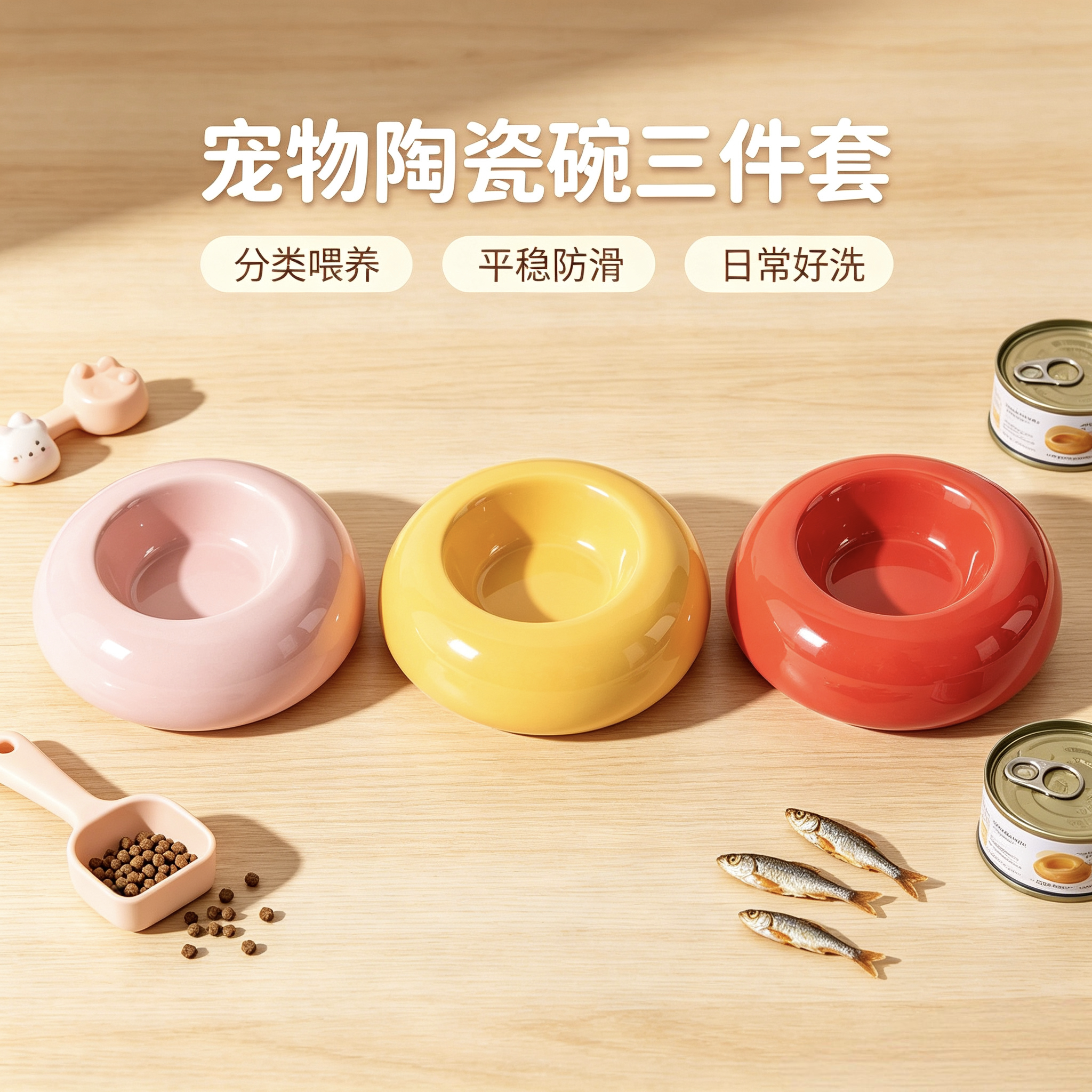 高颜值釉下彩Donut宠物碗幼猫幼犬斜口陶瓷碗防打翻护颈可爱猫碗