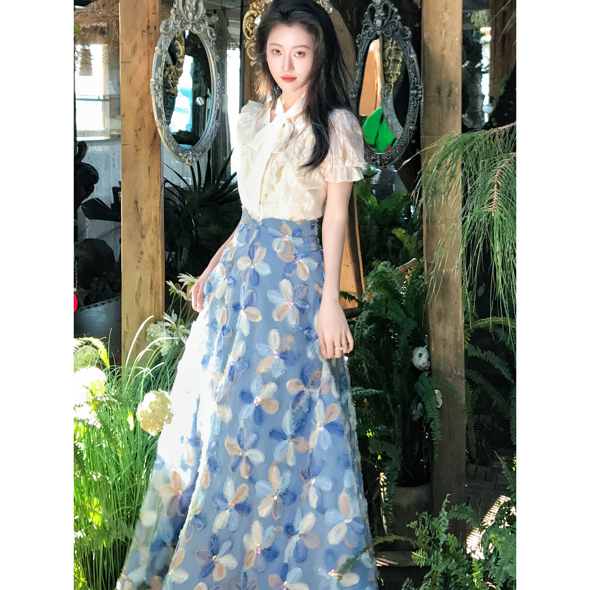 影溯梦 气质挂脖绑带花边短袖衬衫+小众立体花朵半身裙两件套春季