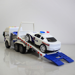 警车拖车模型小汽车儿童玩具声光多功能平板双层运输车清障救援车