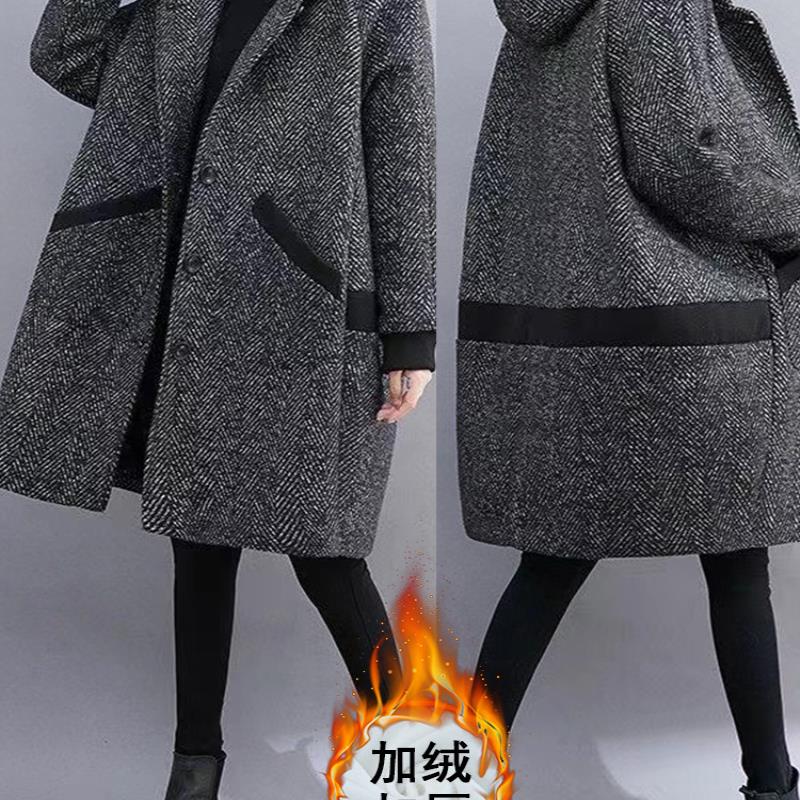 大码女装胖秋冬季韩版宽松连帽大衣女中长款高级感毛呢加厚外套