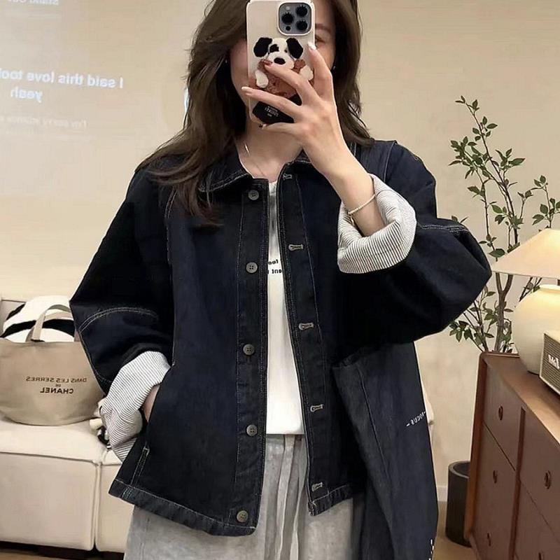 春秋韩系袖口拼接条纹短款牛仔外套女新款休闲宽松显瘦夹克