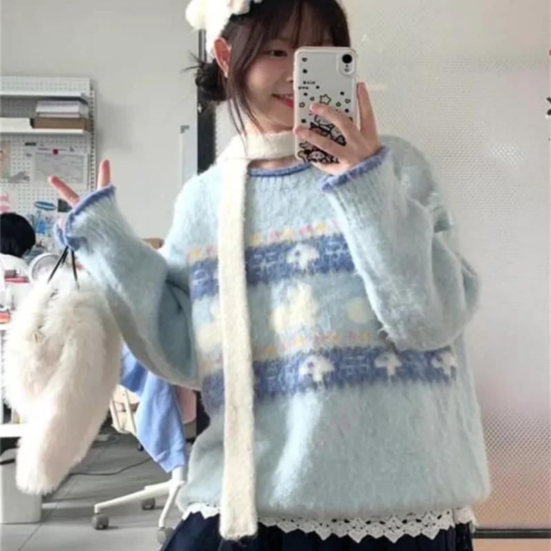小蘑菇提花软糯条纹套头毛衣女秋冬毛茸茸圆领宽松针织上衣