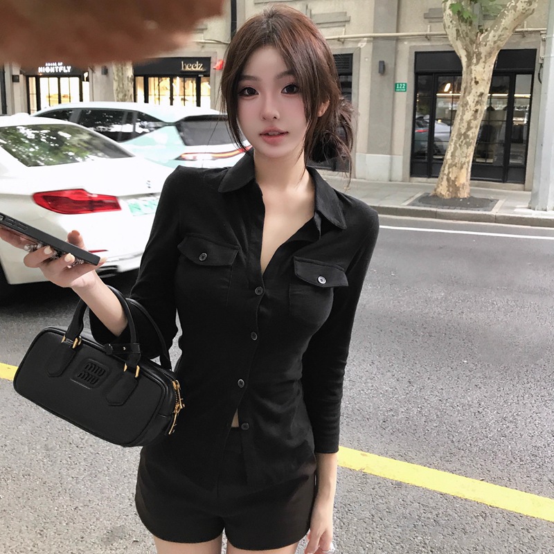 气质纯欲风性感翻领长袖衬衫女秋季修身收腰绑带衬衣白色开衫上衣