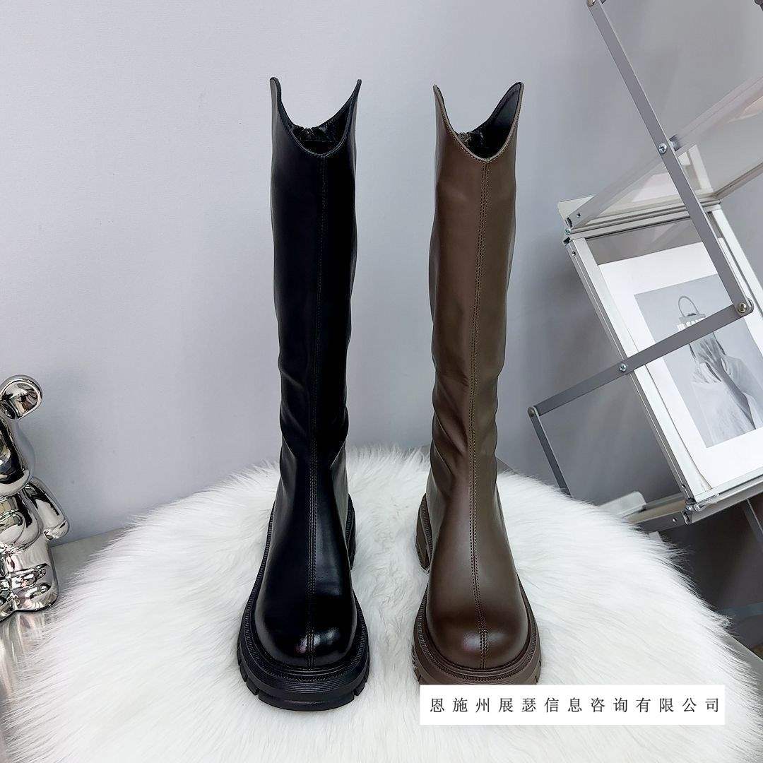 真软皮软底加绒长筒靴女秋冬增高骑士靴粗跟靴子百搭女鞋