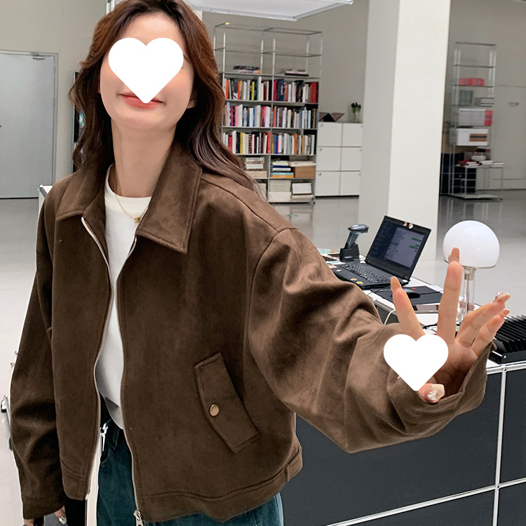 美拉德棕色外套潮春秋复古仿麂皮绒百搭设计感短款小个子上衣夹克