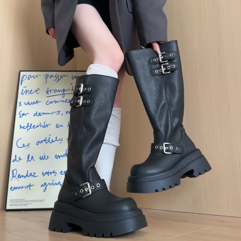 皮带扣厚底长筒靴子女2025秋季新款英伦风马丁靴高筒机车骑士靴女