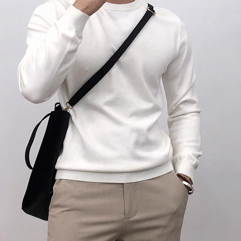 春秋纯色薄款圆领打底针织衫男韩版修身套头毛衣内搭线衫男士上衣