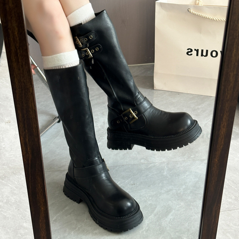 两穿厚底不过膝高筒靴女复古英伦风皮带扣骑士靴美拉德百搭长筒靴