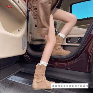 女士短靴女2025新款秋季麂皮内增高厚底堆堆靴中筒马丁靴勃肯靴子