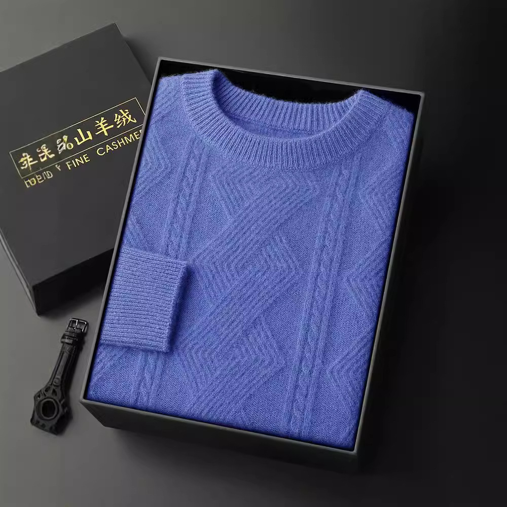 圆领加厚羊绒衫男100纯羊绒冬季针织打底扭花保暖毛衣