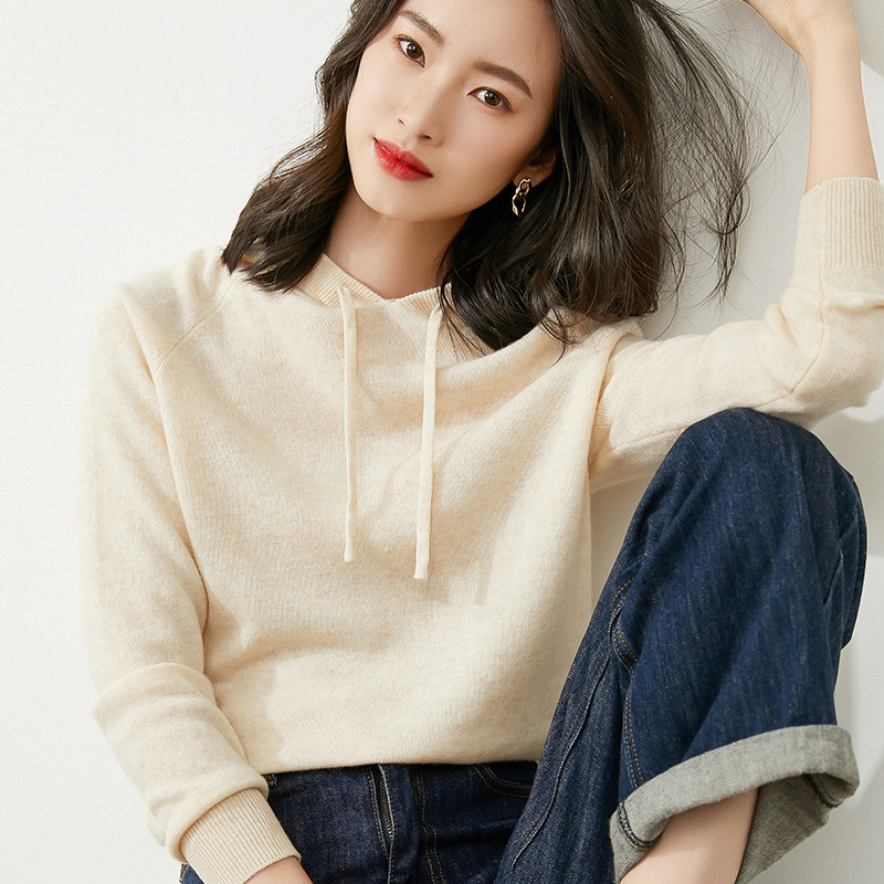 反季清仓减龄连帽卫衣女羊绒衫秋季毛针织衫薄款宽松外穿套头帽衫