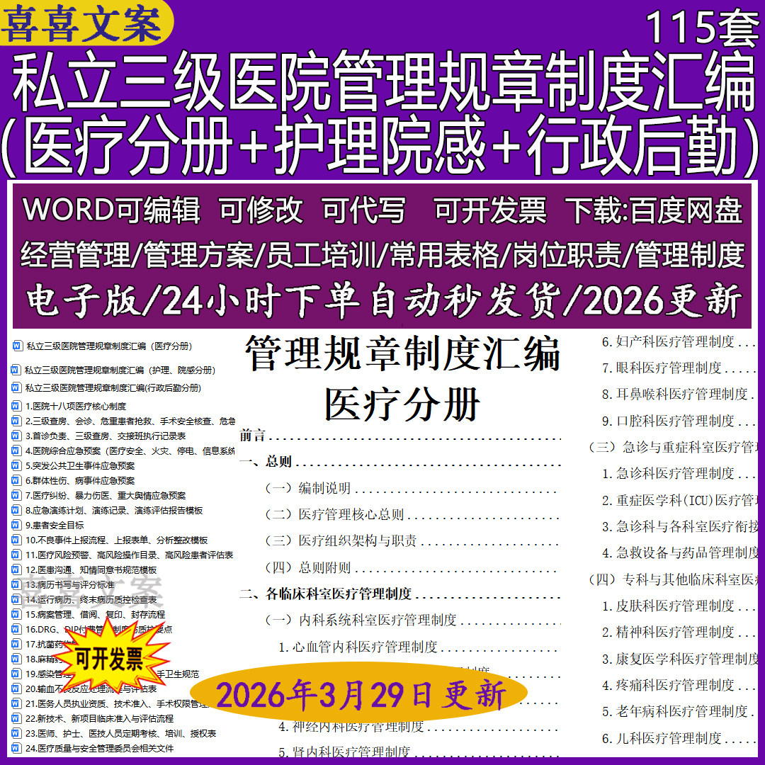 私立三级医院管理规章制度汇编医疗分册+护理院感+行政后勤word
