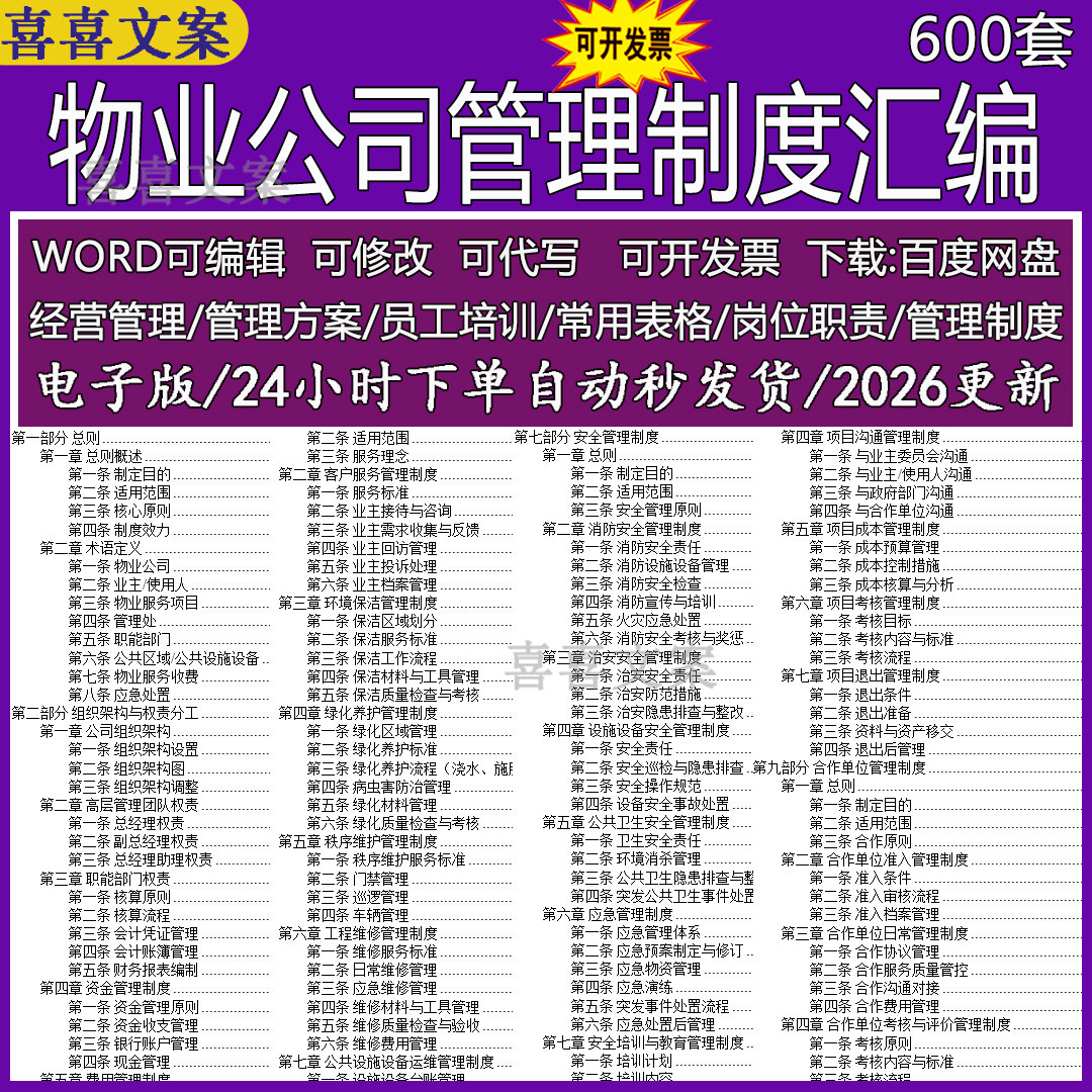 物业公司组织架构人事财务物业服务安全工程维修行政管理制度汇编