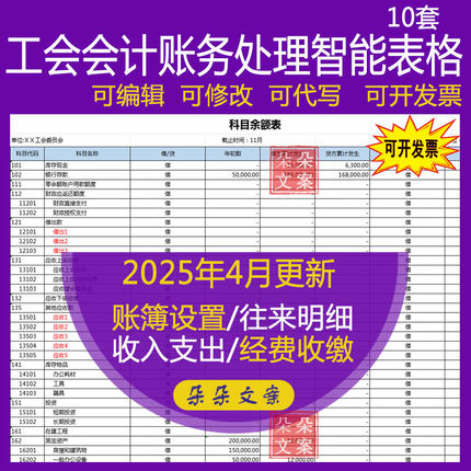 工会会计账务处理系统Excel模板科目余额b凭证打印资产负债表总账