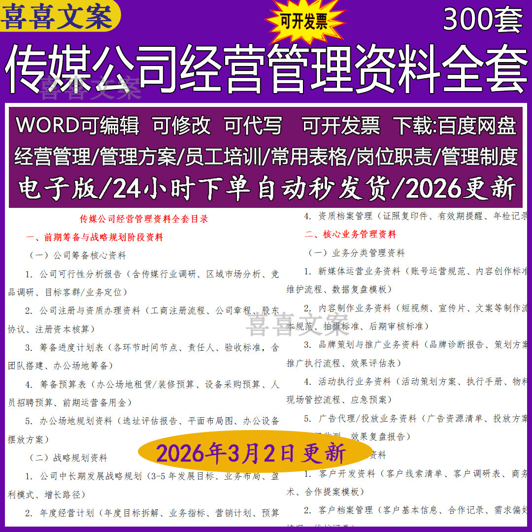 传媒公司经营管理制度品牌策划推广业务客户开发运营台账资料全套