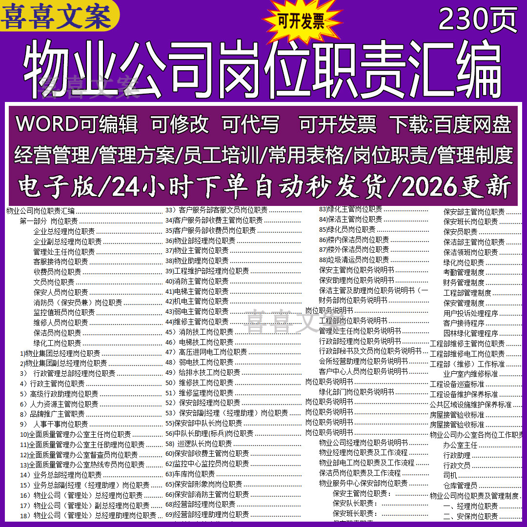 物业公司人力资源行政人事采购仓库办公室保洁保安部岗位职责汇编