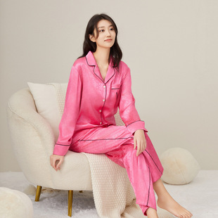 欧美新款 24年春季月光绸缎大V刺绣女士长袖裤睡衣家居服套装包邮