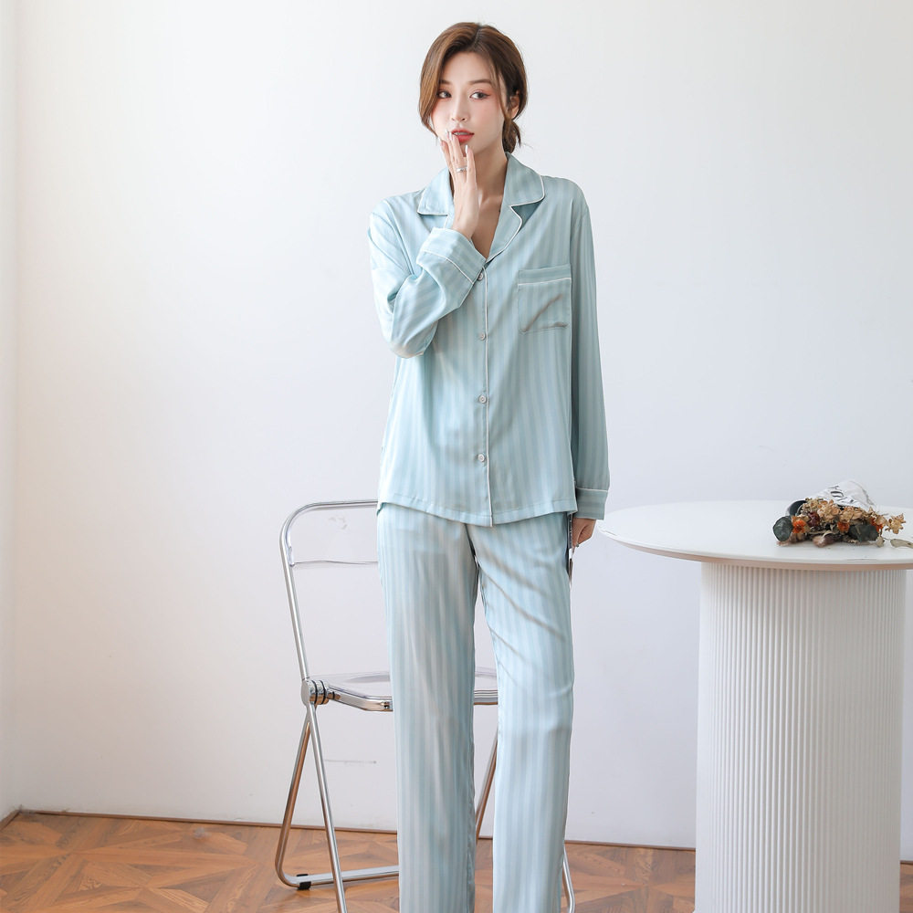 女睡衣冰丝缎面长袖长裤家居服