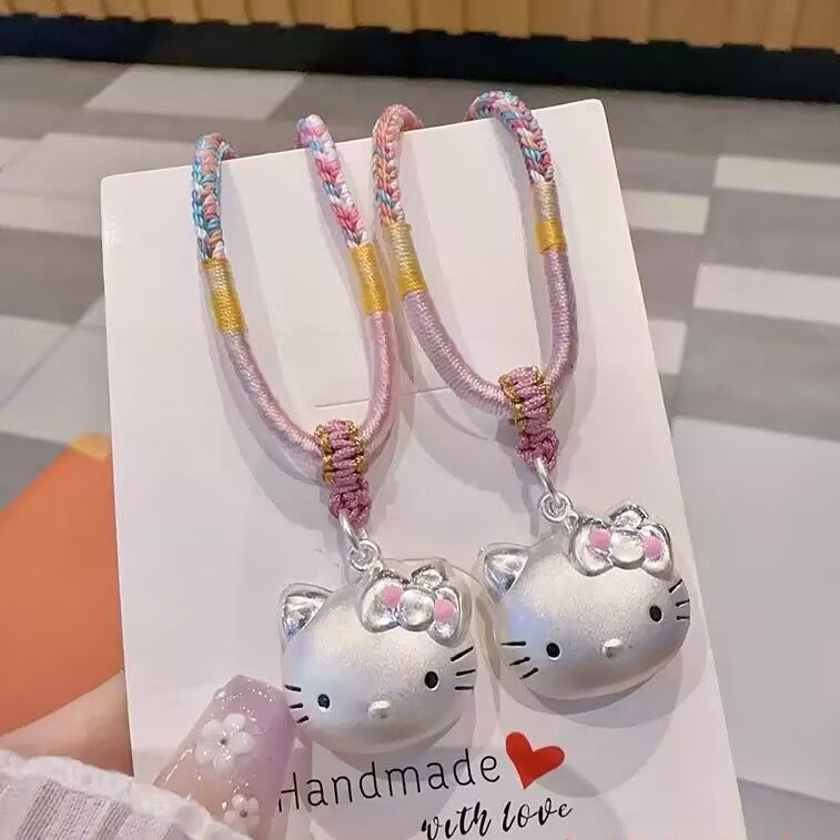 足银999猫头纯银hellokitty桃花编绳凯蒂猫银项链吊坠送女友礼物