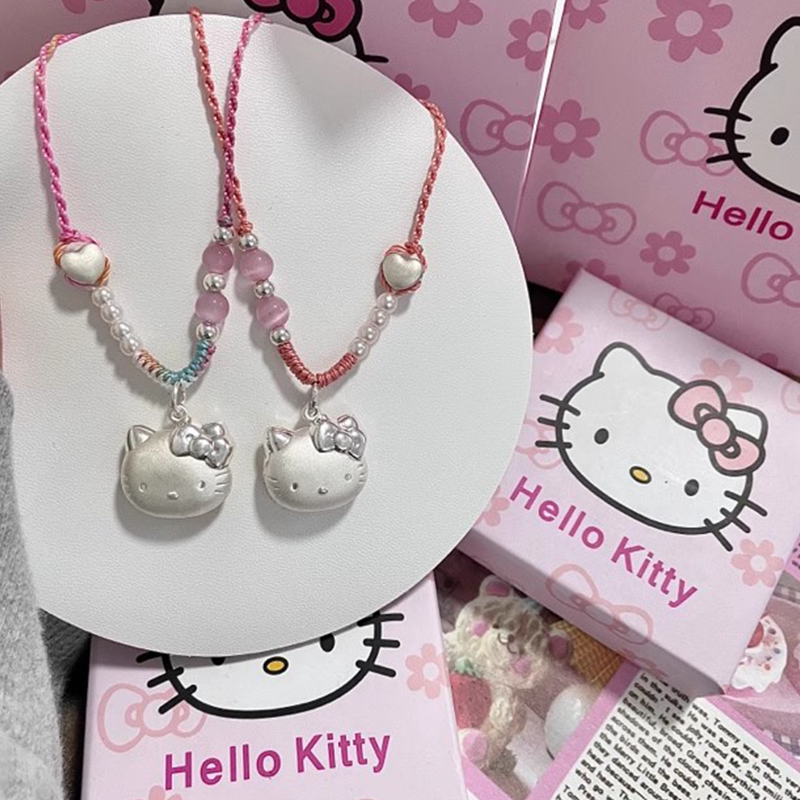 足银999猫头纯银hellokitty桃花编绳凯蒂猫银项链吊坠送女友礼物