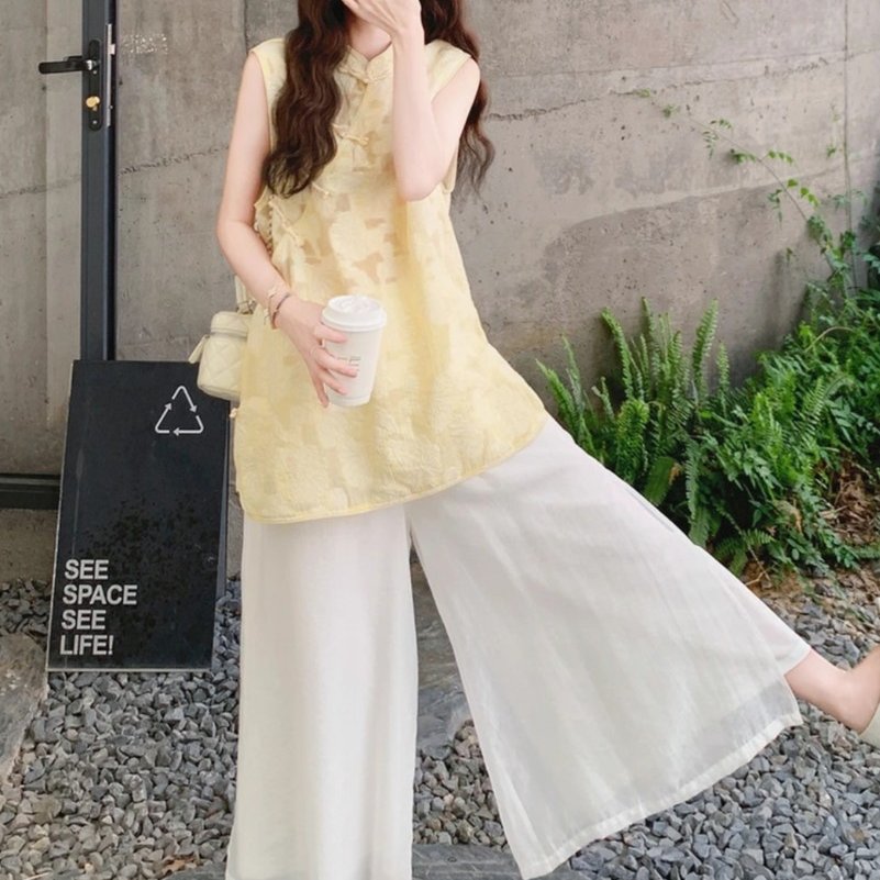 国风新中式蕾丝套装女2025夏新款设计感无袖旗袍上衣阔腿裤两件套