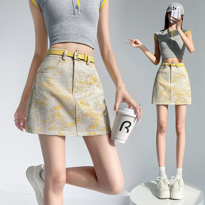 复古扎染洗水棉半身裙女2025夏季薄款防走光高腰A字包臀短裙子