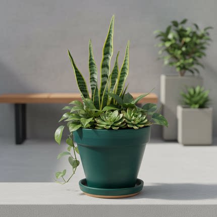 简约风绿色陶瓷花盆圆口带托盘大码室内植物种植盆栽花器