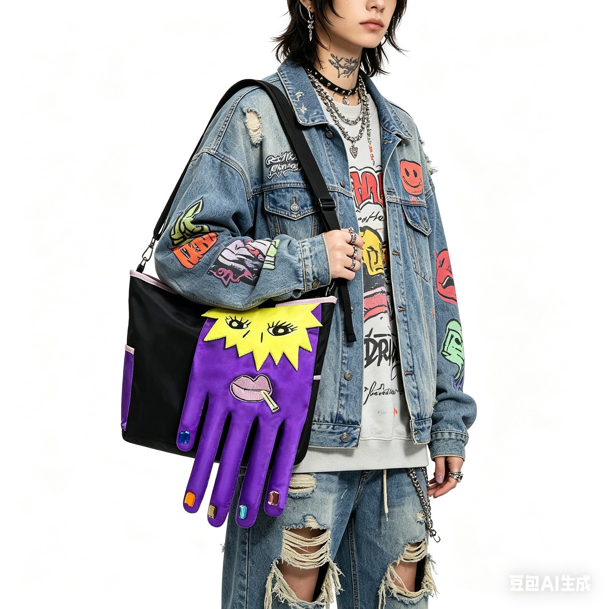 2026潮流Y2K时尚风格托特女大容量包紫色手掌个性丑萌撞色斜挎包