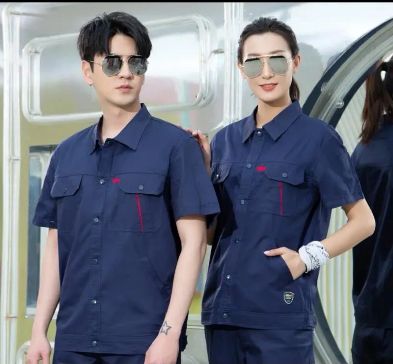 夏季短袖工作服套装男纯色薄款透工装制服