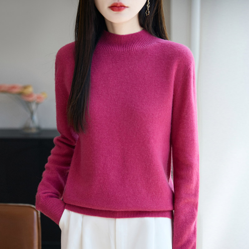 半高领玫红色羊毛打底衫女秋冬软糯弹力一线成型中领毛衣大衣内搭