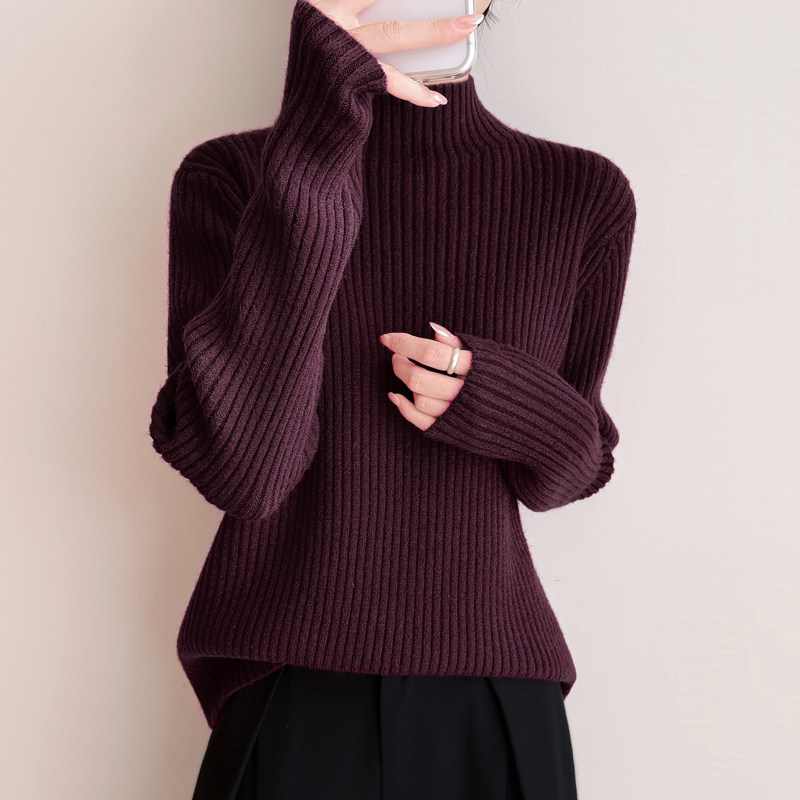 半高领乌梅紫色软糯羊毛打底衫女秋冬配大衣的坑条加厚毛衣针织衫